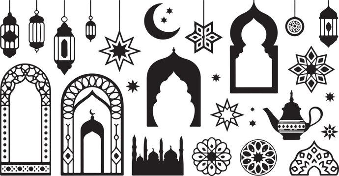 Islamic ramadan eid al fitr decorative elements and symbols  arabian architecture and culture icons