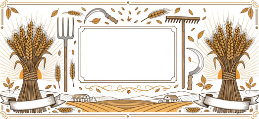 Rustic wheat harvest banner with grain sheaves farming tools countryside landscape and vintage agriculture frame illustration
