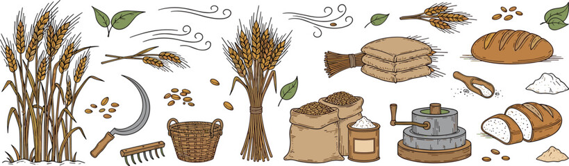 Hand drawn wheat harvest and bread baking elements set with grain sheaves flour mill tools and bakery ingredients illustration © Rubya