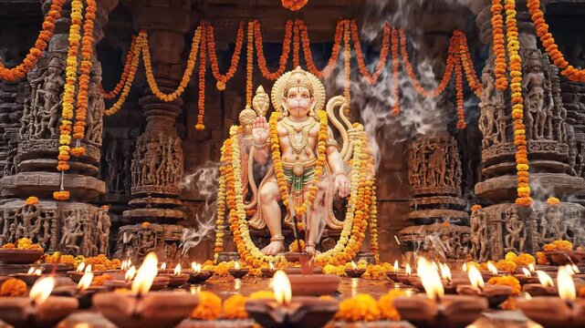 Lord Hanuman Idol in Ancient Temple with Oil Lamps and Garlands