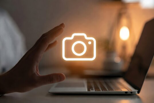 Hand reaching towards glowing camera icon above laptop, symbolizing photography and digital creation