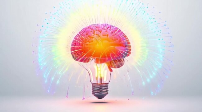 A creative video showcasing a lightbulb with a brain inside glowing brightly
