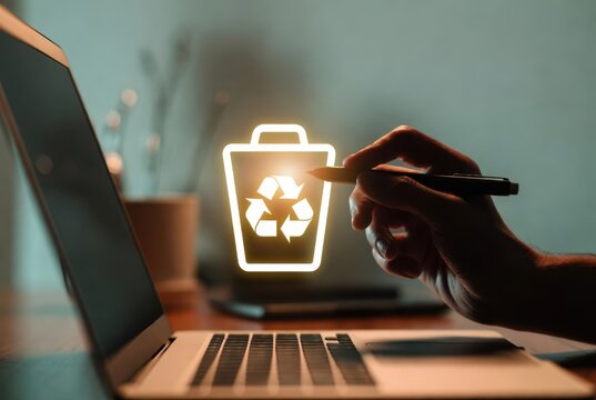 Hand using pen to delete digital trash icon on laptop screen, online data cleanup concept