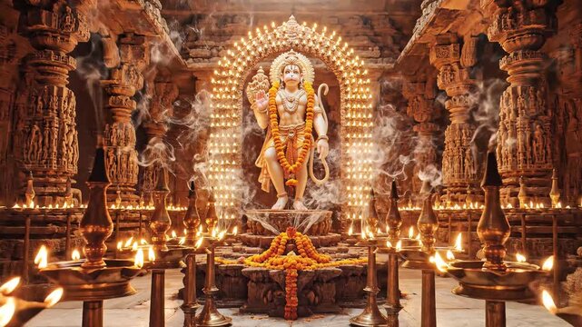 Lord Hanuman Statue in Ancient Hindu Temple with Oil Lamps and Smoke