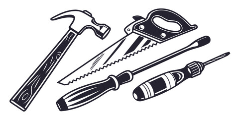 A collection of tools including a hammer, saw, screwdriver, and wrench.