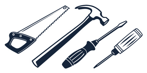 Assorted tools including hammer, saw, screwdriver, and more