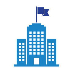 Obraz premium Corporate office building with flag icon - business headquarters or university campus vector with flag symbol