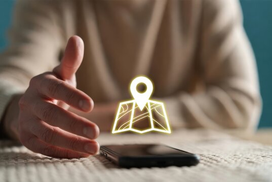 Man reaching for glowing map location icon hovering over smartphone, navigation concept
