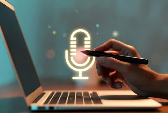 Digital Audio Recording: Hand using stylus on laptop with glowing microphone icon, abstract background