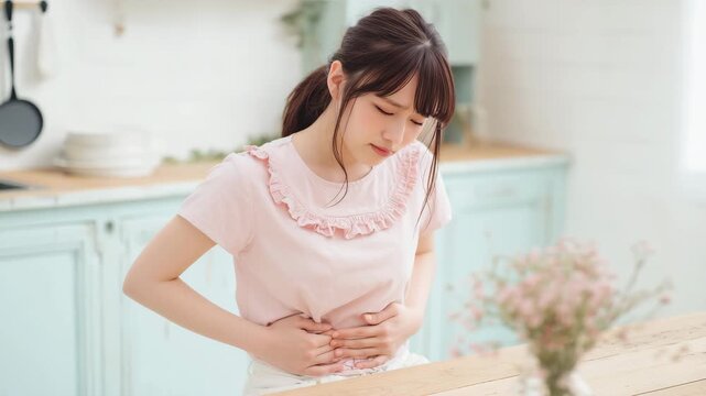 女子学生が腹痛でお腹を押さえる室内の様子