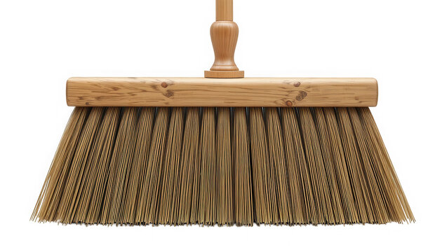 A traditional wooden broom with a long handle and bristles against a black background