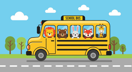 Cartoon animals in a school bus. © nur