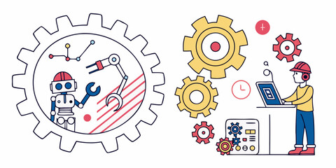 Fototapeta premium Illustration of diverse people working together on gears and technology