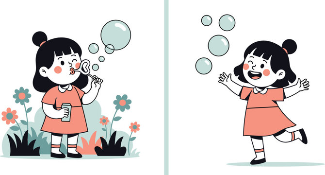 Cute cartoon girl playing with soap bubbles in garden outdoor scene, happy childhood activity, kids fun illustration, playful child character, cheerful lifestyle concept