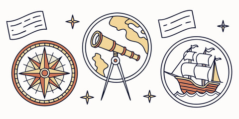 Vintage illustrations of a compass, telescope, and sailing ship on a blue background © AG