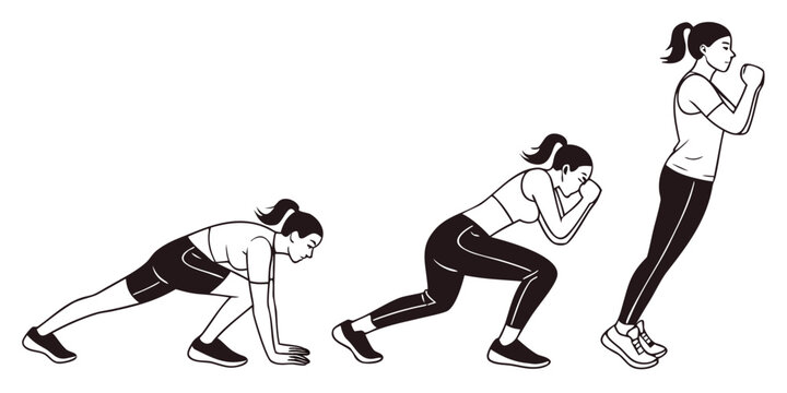 Three women demonstrating different stages of a burpee exercise routine.