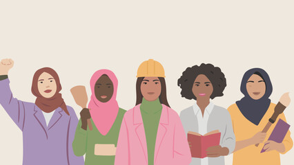 Obraz premium Diverse professional women representing different cultures and professions standing together in unity and solidarity with books and documents