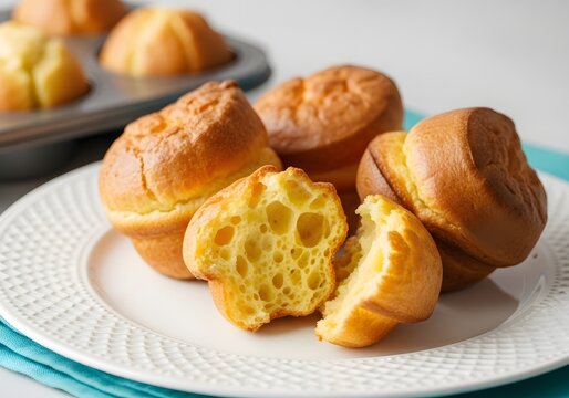Golden popovers on a plate with one broken open