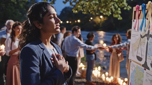 Woman Praying With Hands on Chest at Candlelight Vigil by River With People