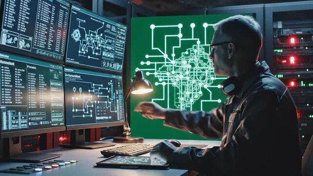 Man Working on Computer Screens With Data and Diagrams in Server Room