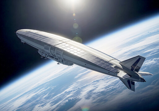 A futuristic Dirigeable floats majestically above the Earth's atmosphere, bathed in the soft glow of distant celestial bodies.