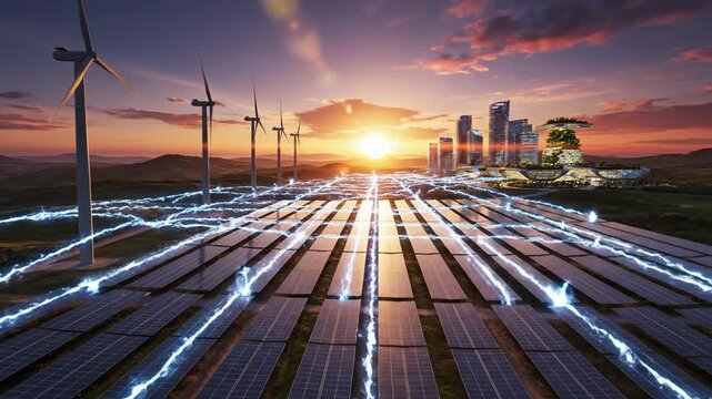 Renewable energy landscape with solar panels, wind turbines, and a modern city skyline at sunset, illustrating sustainable power generation and smart grid technology.