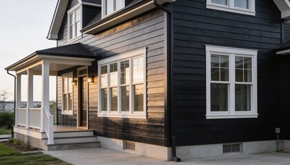 Fototapeta premium Modern black residential house exterior reflecting golden sunset light with white window trim and porch