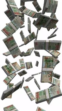 Vertical Azerbaijan Money, Falling AZN Banknotes, Cash Stacks Isolated on White, 4K