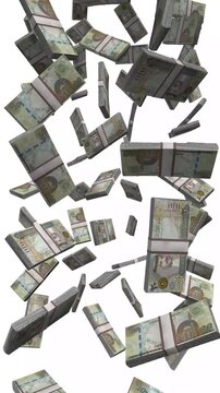 Vertical Bahrain Money, Falling 20 BHD Banknotes, Cash Stacks Isolated on White, 4K