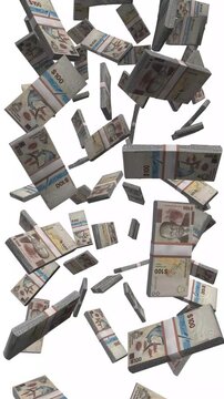 Vertical Bahamas Money, Falling BSD Banknotes, Cash Stacks Isolated on White, 4K