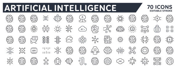 Set of 70 editable stroke icons representing artificial intelligence and digital technology concepts.