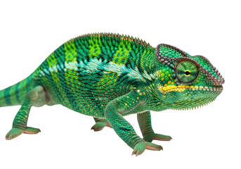 Obraz premium A single adult panther chameleon, highly textured with emerald and turquoise scales, captured mid-stride against a transparent background, embodying biological adaptation and stillness