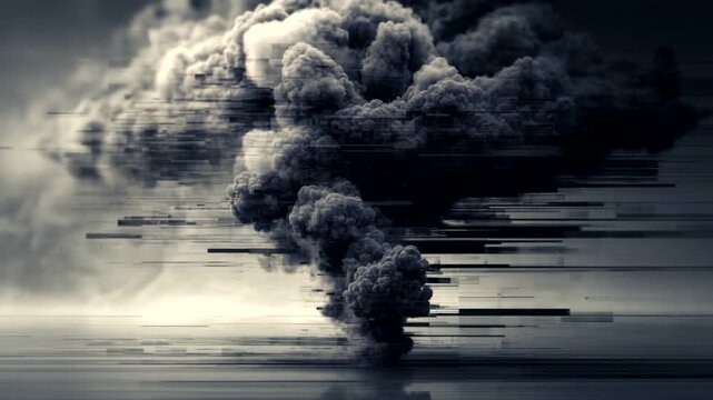 Massive dark smoke cloud explosion with digital glitch effect.
