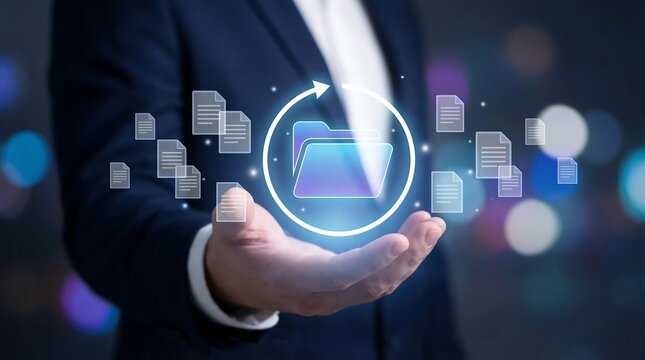 A business professional presents their open hand, showcasing a glowing purple data folder icon with a circular arrow surrounded by floating digital documents.