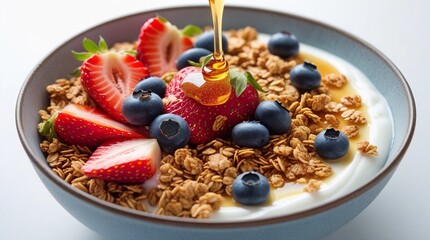 Fototapeta premium A bowl of yogurt topped with granola, strawberries, blueberries, and honey on a white background