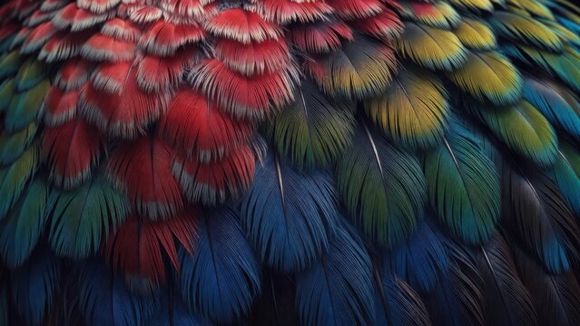 Vibrant feathers of a colorful tropical bird in striking detail