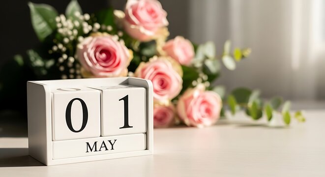 Labor day may 1st calendar block with pink roses bouquet