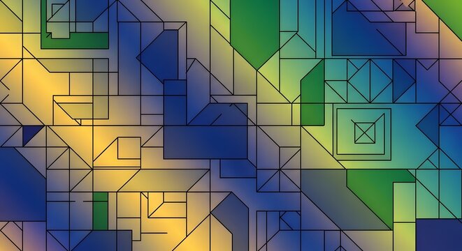 A dynamic, colorful abstract geometric pattern featuring triangles, circles, and rectangles in bright blue, red, yellow, and green. Ideal for modern backgrounds, graphic design, and energetic visual.