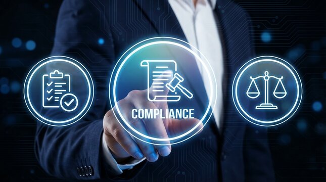 A professional businessman's hand points directly at a glowing blue "COMPLIANCE" icon, surrounded by legal and regulatory symbols, signifying strict adherence to rules.