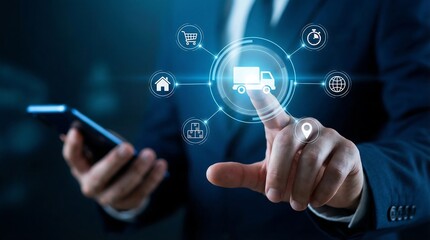 Fototapeta premium A professional is actively interacting with a virtual interface, holding a smartphone and pointing at a central delivery truck icon, symbolizing efficient logistics and global supply chain management.