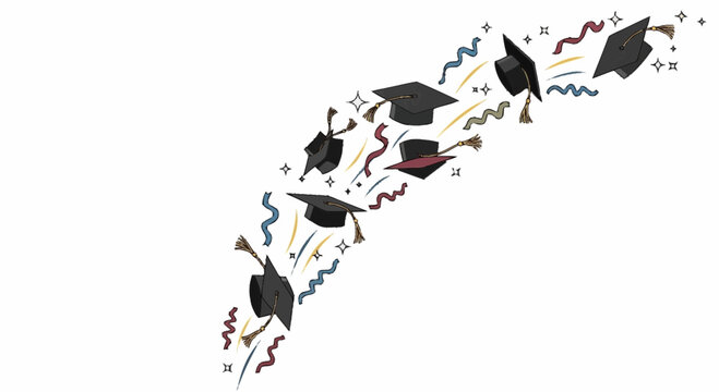 Graduation caps fly through air with colorful confetti and streamers celebrating achievement.
