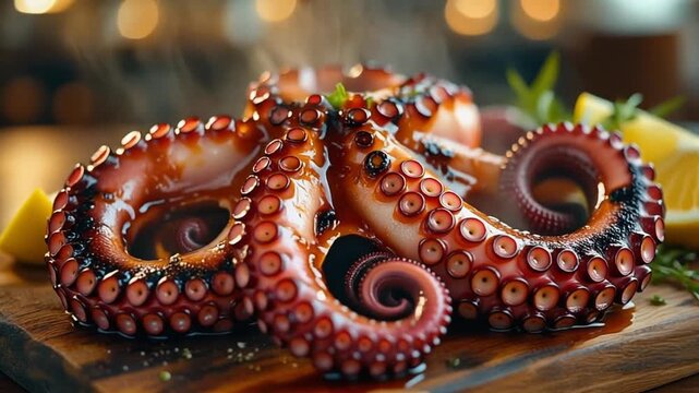 Fresh octopus seafood displayed on a market stall ready for cooking