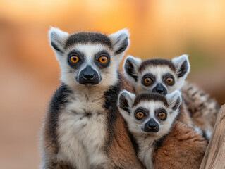 Fototapeta premium Three lemurs with bright orange eyes closely huddled together, showing curious expressions against a soft, blurred background.
