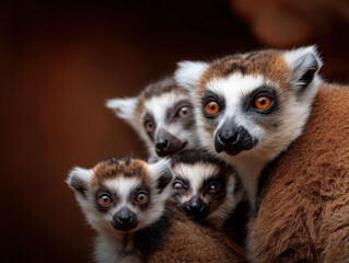 Fototapeta premium close-up of a family of ring-tailed lemurs with intense orange eyes, huddled together against a dark brown background.