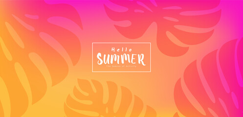 Hello Summer Pink Orange Yellow Tropical Gradient Poster with Stylized Leaf Patterns, Framed Typography, and Seasonal Activity Theme © Jen
