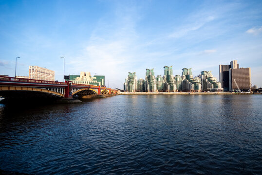London cityscape with vauxhall bridge and st george wharf by river thames