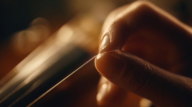 Cinematic close up of violin string being changed, fingers stretching steel string, focus on texture and tension, warm studio lighting, bokeh