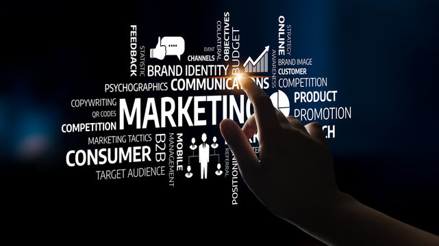 A close-up view of a hand pointing at various marketing terms and concepts, illustrating the importance of communication and strategy in today business landscape. Tessel