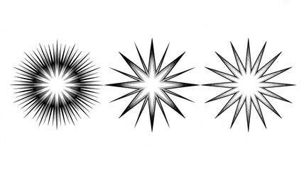 Obraz premium Three abstract starburst or sunburst graphic elements with varying line and dot patterns image