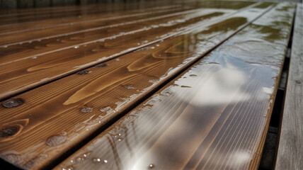 Wet Wooden Deck Planks with Water Droplets and Reflections in Close Up Detail image photo